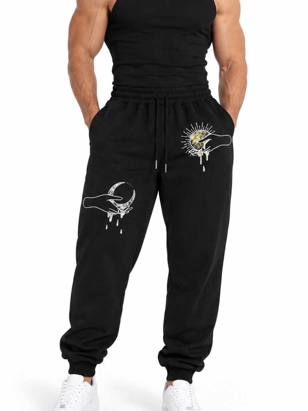 ROMWE Black Graphic Sweatpants Joggers Men’s Drawstring Gym Streetwear Large NWT